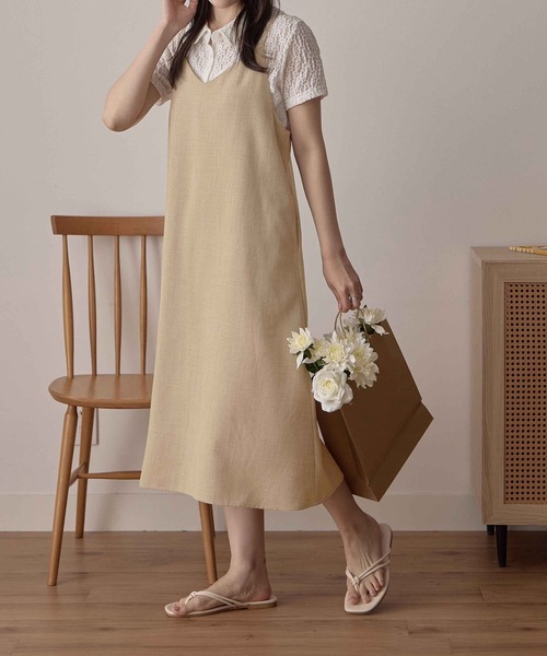 ワンピース 麻調バックリボンキャミワンピ（ショート丈