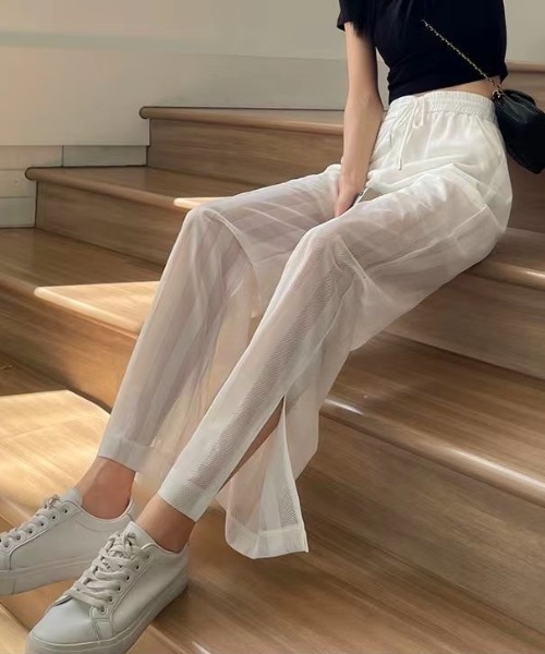 Achic パンツ ストライプ シースルー ロングパンツ レディース
