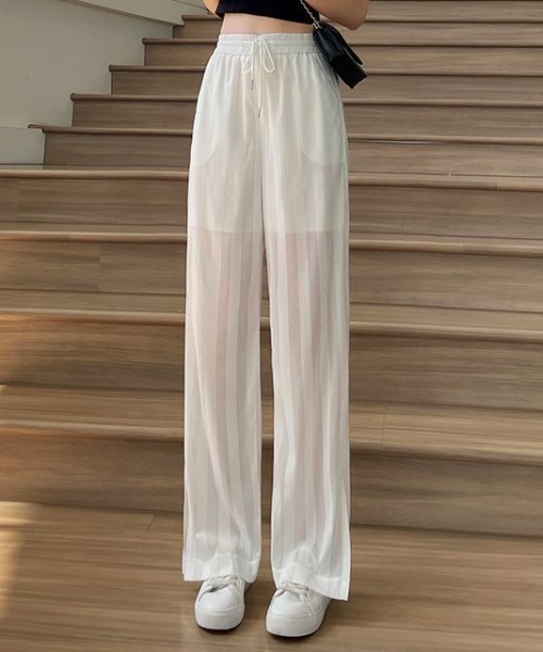 Achic パンツ ストライプ シースルー ロングパンツ レディース
