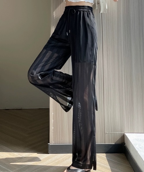 Achic パンツ ストライプ シースルー ロングパンツ レディース