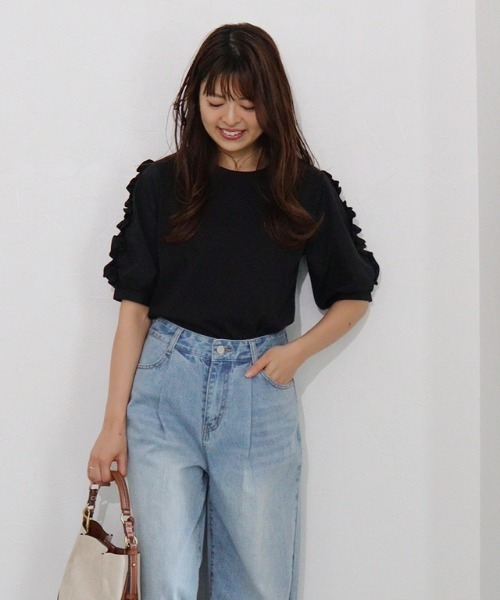 Pierrot（ピエロ） tシャツ 「イージーケア」袖フリルドッキング