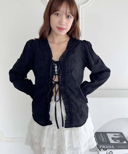Loueme カーディガン コットンレースフリルブラウス レディース