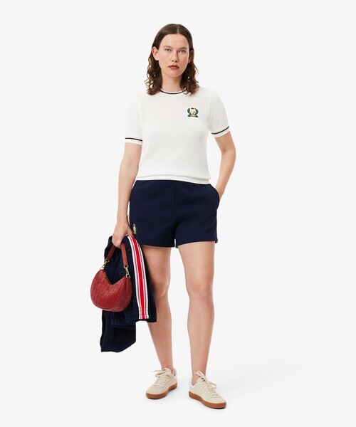 「LACOSTE」 半袖ニット 38 レッド レディース LACOSTE ニット セーター エンブレム刺繍 フレンチメイド