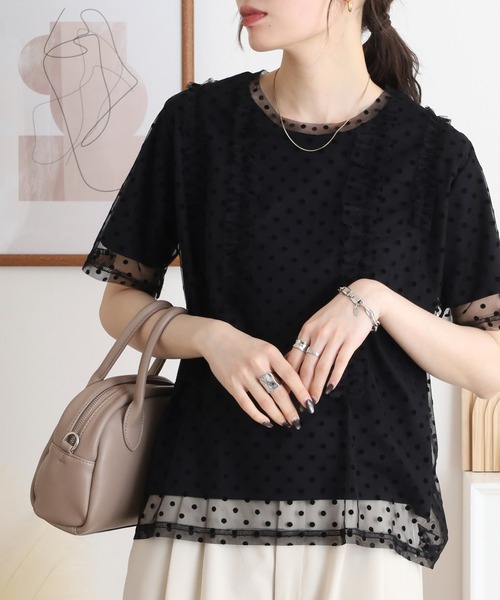 tシャツ Anna Nicola ドットチュールフリルトップス 半袖カットソー レディース