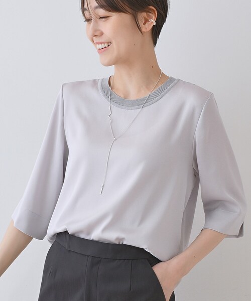 INDIVI / インディヴィ 【洗える／5分袖】シルク風素材オフィスブラウス INDIVI ブラウス シャツ 「洗える／5分袖」シルク風素材オフィス