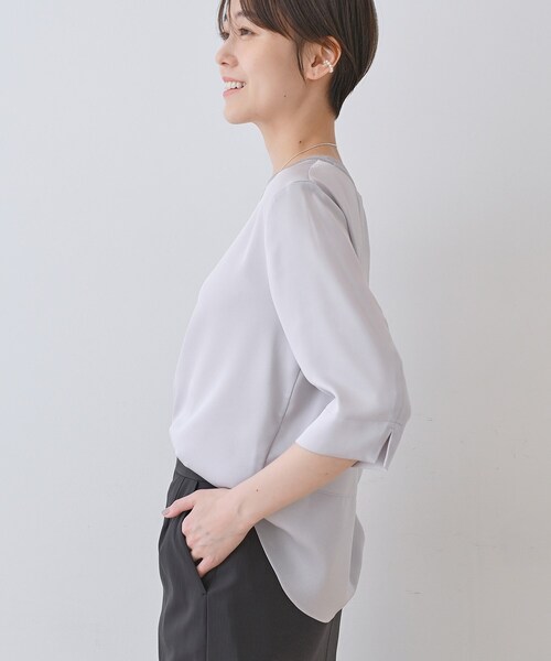 INDIVI ブラウス シャツ 「洗える／5分袖」シルク風素材オフィス