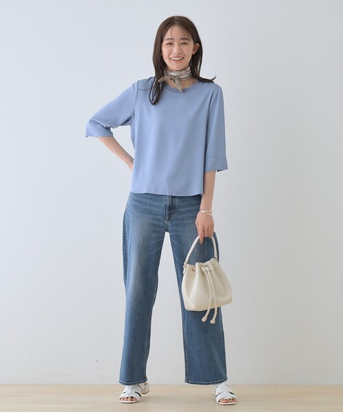 INDIVI ブラウス シャツ 「洗える／5分袖」シルク風素材オフィス