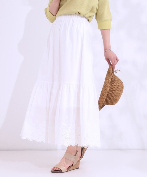 THELIGHTティアードスカートパンツ ホワイト レースフラワー SHOO・LA・RUE（シューラルー） スカート スカラップレースが華やか