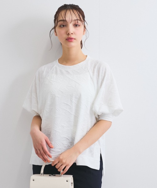 tシャツ フラワーカットジャガードトップス「手洗い可能」 レディース