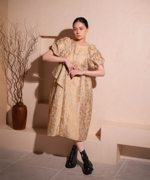【美品】ANDRESD バブルスリーブジャガードドレス バブルスリーブジャガードドレス / bubble sleeve jacquard