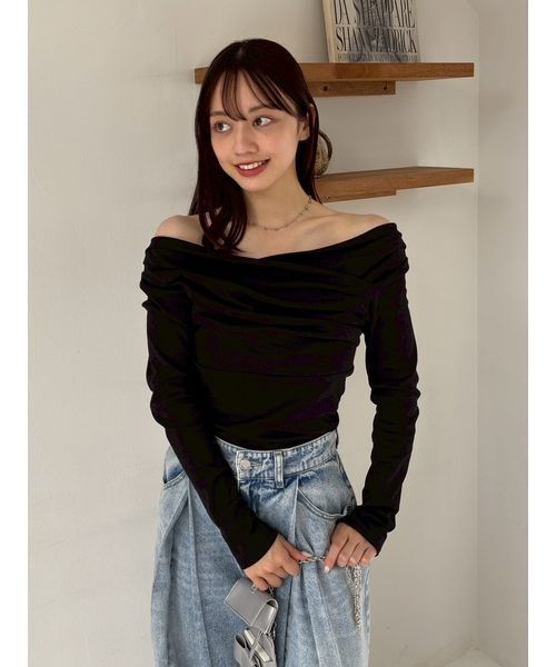 【新品未使用】フレイアイディー ギャザーオフショルカットソー (ブラック) FRAY I.D（フレイ・アイディー） tシャツ 「USAGI ONLINE・ZOZO限定