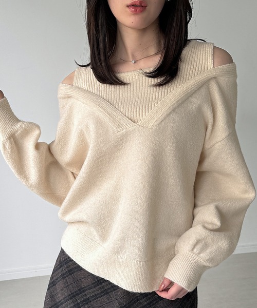 JUNOAH（ジュノア） ニット セーター レイヤード風Vネックニット(薄手