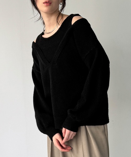 JUNOAH（ジュノア） ニット セーター レイヤード風Vネックニット(薄手