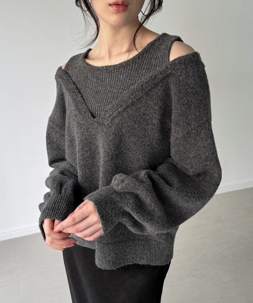 JUNOAH（ジュノア） ニット セーター レイヤード風Vネックニット(薄手