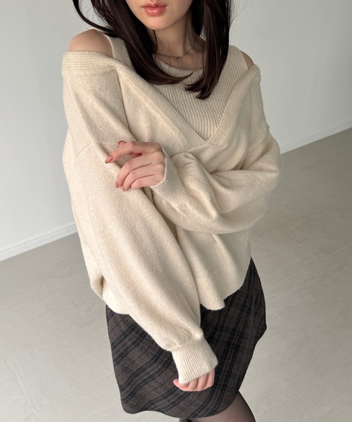 JUNOAH（ジュノア） ニット セーター レイヤード風Vネックニット(薄手