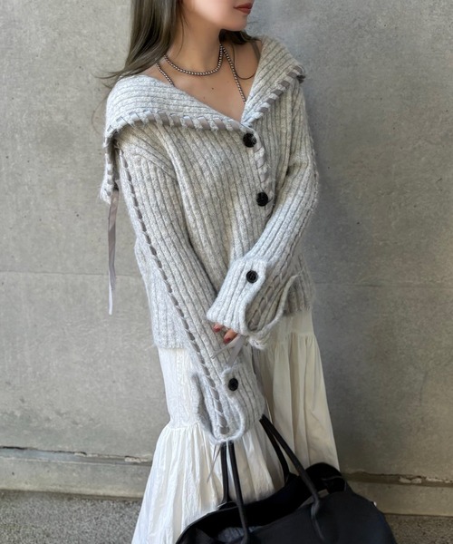 セーラー　手編み　カーディガン カーディガン ribbon sailor color knit cardigan /リボンセーラー