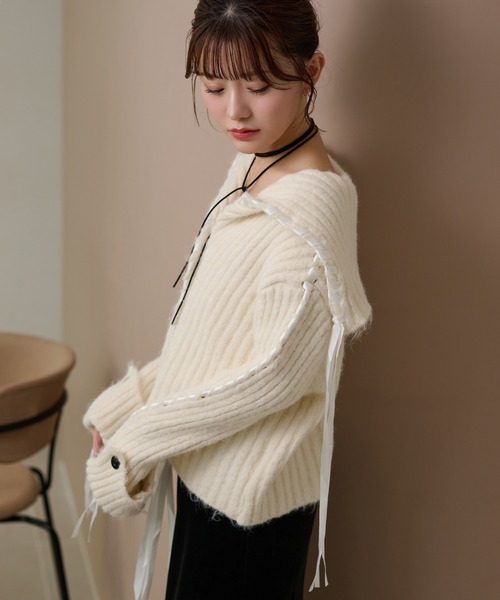 サカイ ラップ ニット カーディガン リボン付きレイヤードスリーブ 1 S カーディガン ribbon sailor color knit cardigan /リボンセーラー