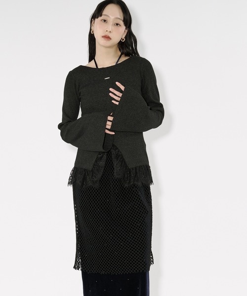 レーススリーブ&amp;ヘムソフトニット Ezick ニット セーター lace-trimmed rib knit ヘムレースリブニット