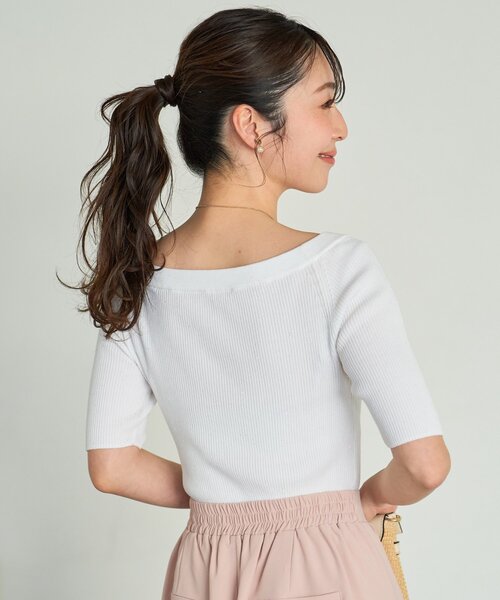 La boutique BonBon スパンコールリブオフショル8分袖ニット　白 La boutique Bonbon（ラブティックボンボン） ニット セーター 「今 トップス
