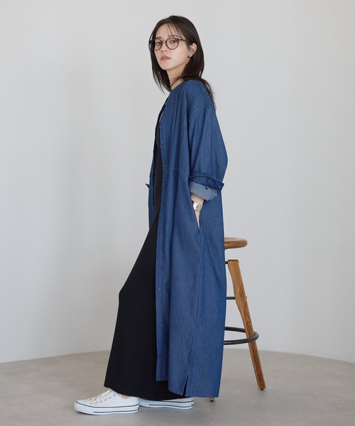 【新品】overE ロングシャツワンピース96 インディゴ デニム風 ap retro シャツワンピース 「India Fabric」ピンタックデニムシャツ