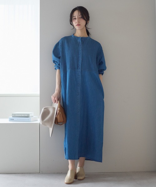 ap retro シャツワンピース 「India Fabric」ピンタックデニムシャツ