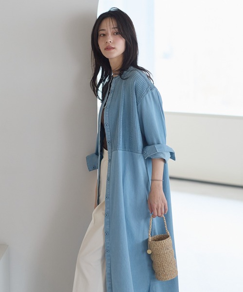 ap retro シャツワンピース 「India Fabric」ピンタックデニムシャツ