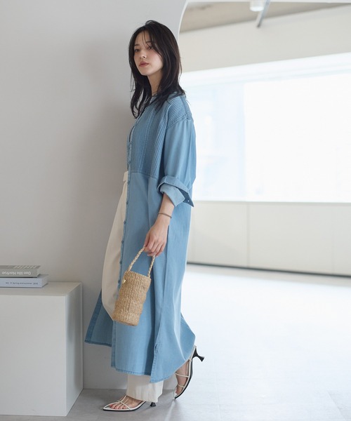 ap retro シャツワンピース 「India Fabric」ピンタックデニムシャツ