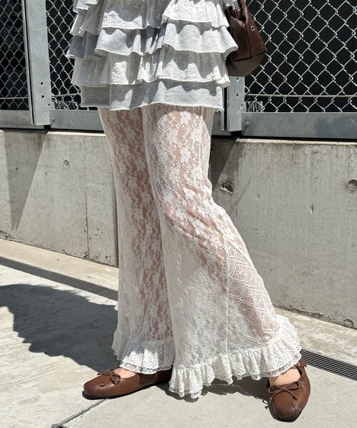 パンツ レースフレアレイヤードフリルパンツ レディースの画像