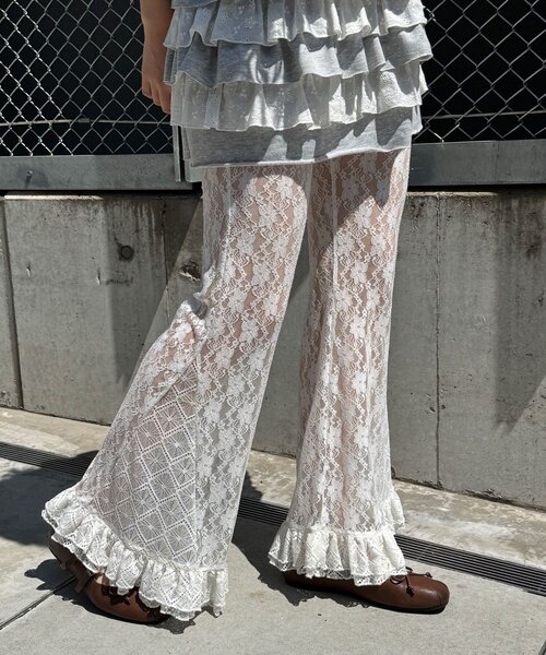 パンツ レースフレアレイヤードフリルパンツ レディースの画像
