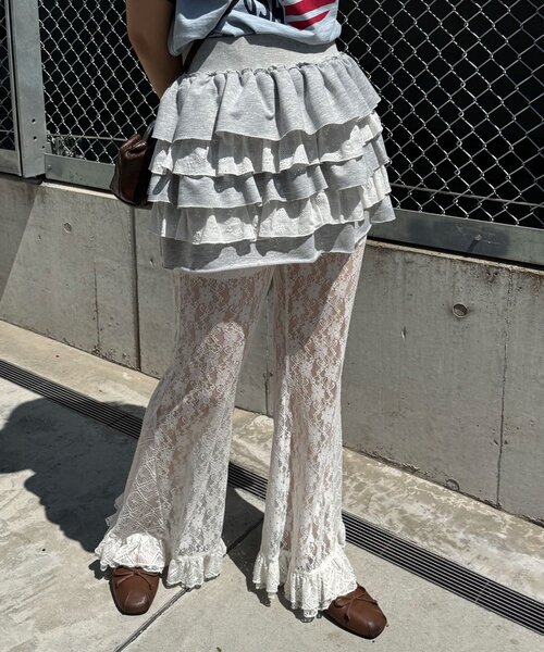 パンツ レースフレアレイヤードフリルパンツ レディースの画像