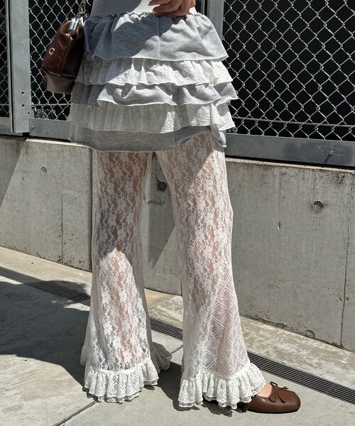 パンツ レースフレアレイヤードフリルパンツ レディースの画像