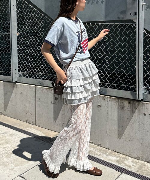 パンツ レースフレアレイヤードフリルパンツ レディースの画像
