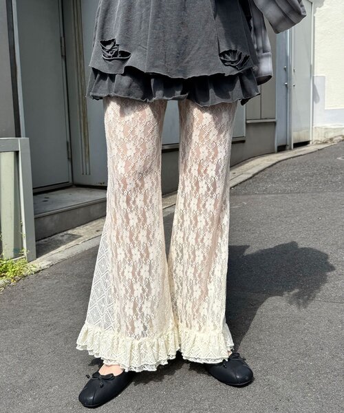 パンツ レースフレアレイヤードフリルパンツ レディースの画像