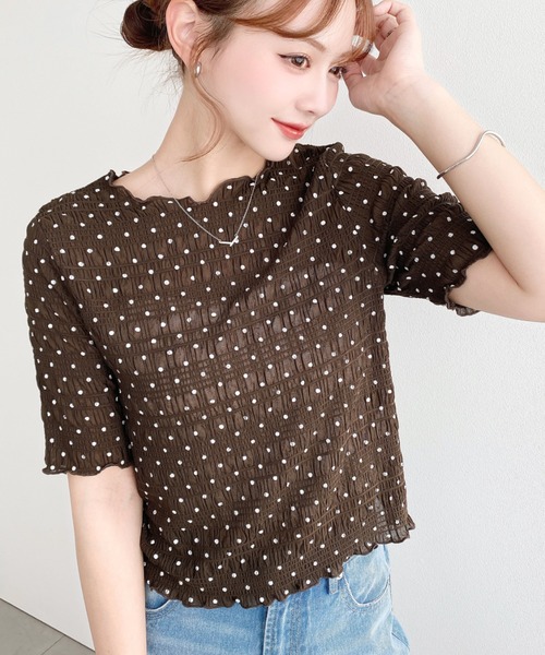 moment+ tシャツ 半袖 スモッキングレースドット柄半袖Tシャツ