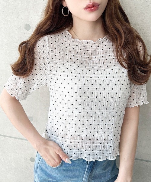 新品かぐれホワイト ドット柄 半袖シャツ定価13,000 円 moment+ tシャツ 半袖 スモッキングレースドット柄半袖Tシャツ