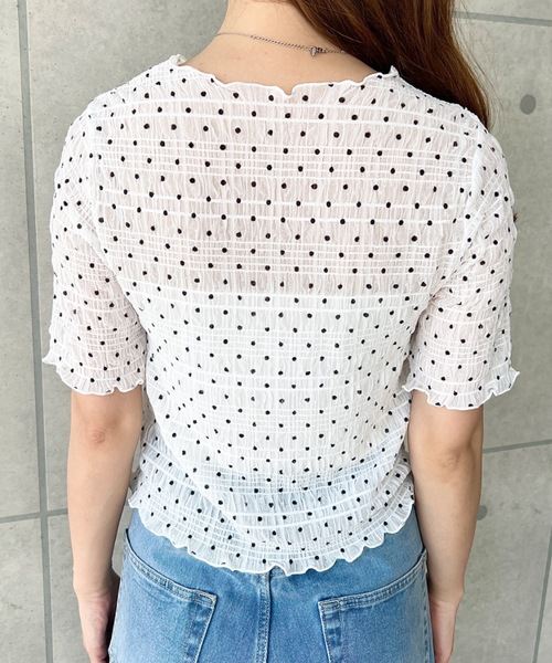 moment+ tシャツ 半袖 スモッキングレースドット柄半袖Tシャツ