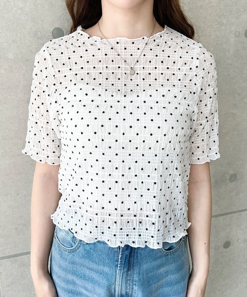 moment+ tシャツ 半袖 スモッキングレースドット柄半袖Tシャツ