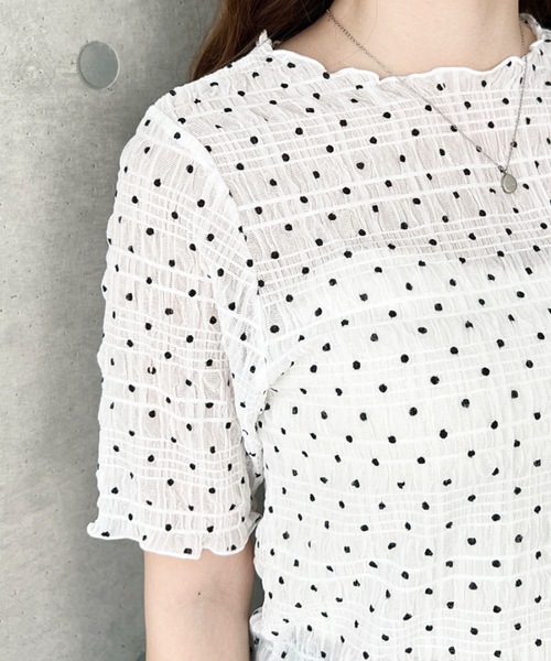 moment+ tシャツ 半袖 スモッキングレースドット柄半袖Tシャツ