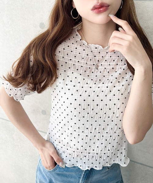 moment+ tシャツ 半袖 スモッキングレースドット柄半袖Tシャツ