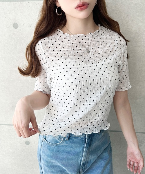 moment+ tシャツ 半袖 スモッキングレースドット柄半袖Tシャツ
