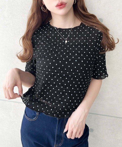moment+ tシャツ スモッキングレースドット柄半袖Tシャツ レディース