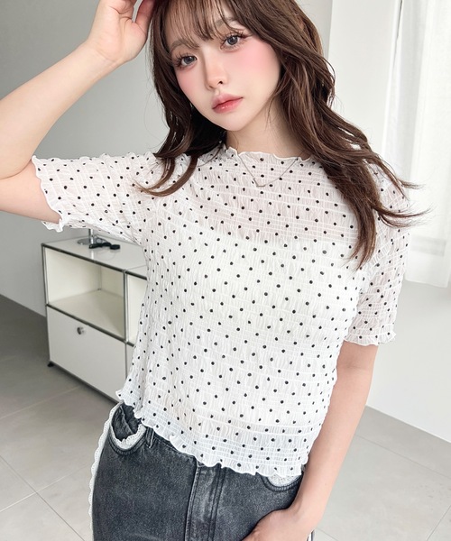 moment+ tシャツ 半袖 スモッキングレースドット柄半袖Tシャツ
