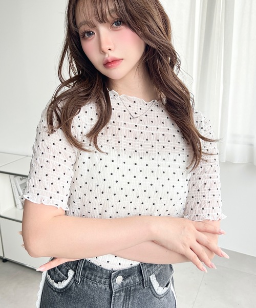 moment+ tシャツ 半袖 スモッキングレースドット柄半袖Tシャツ