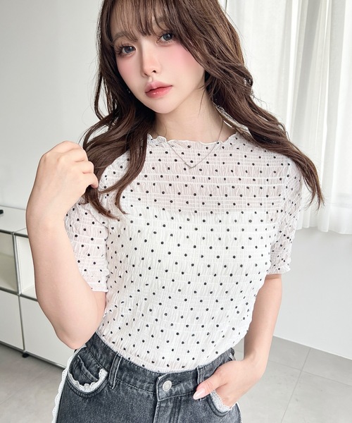 moment+ tシャツ 半袖 スモッキングレースドット柄半袖Tシャツ