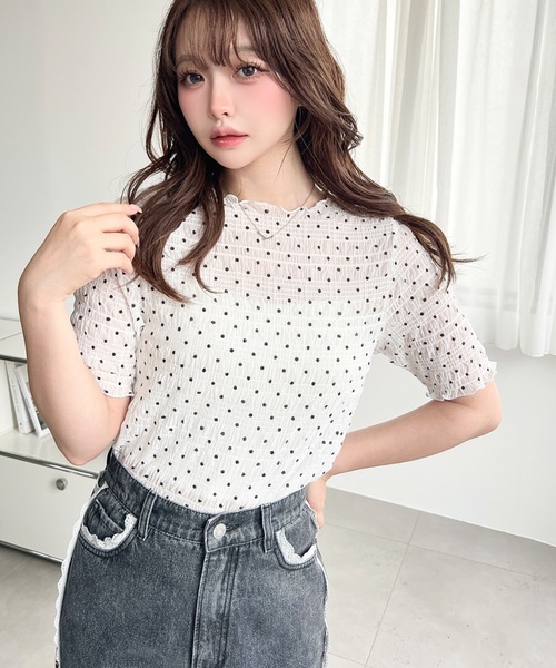 moment+ tシャツ 半袖 スモッキングレースドット柄半袖Tシャツ