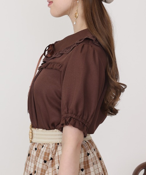 attisession ダークブラウン フリル付き半袖シャツ axes femme POETIQUE ブラウス シャツ 半袖 リボン付きレース丸衿