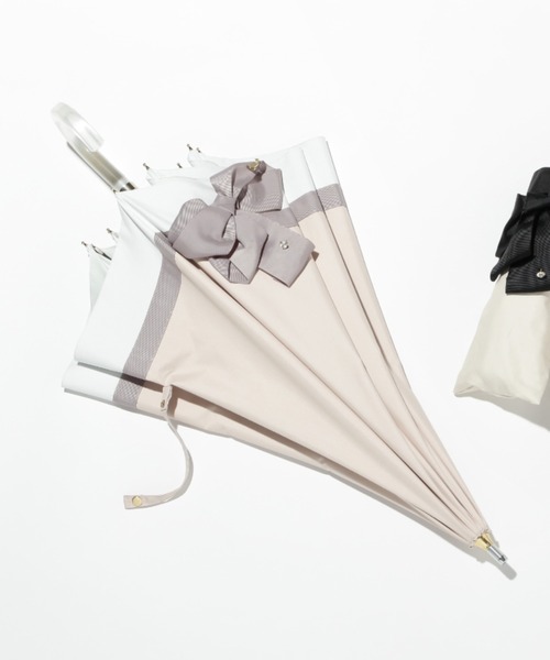 美品＊ランバンオンブルー＊遮光 晴雨兼用折りたたみ日傘　切り継ぎビジューリボン LANVIN en Bleu 折りたたみ傘 遮光 晴雨兼用折りたたみ日傘 楽折 切り
