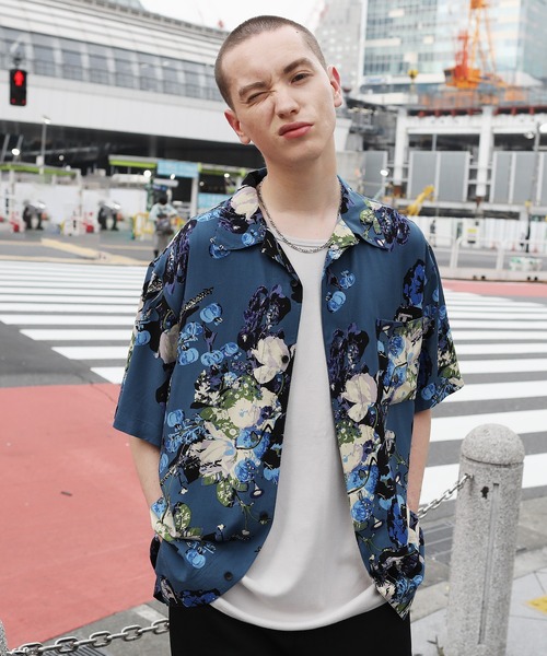 シャツ 半袖 ルーズシルエット オープンカラー アロハシャツ 総柄