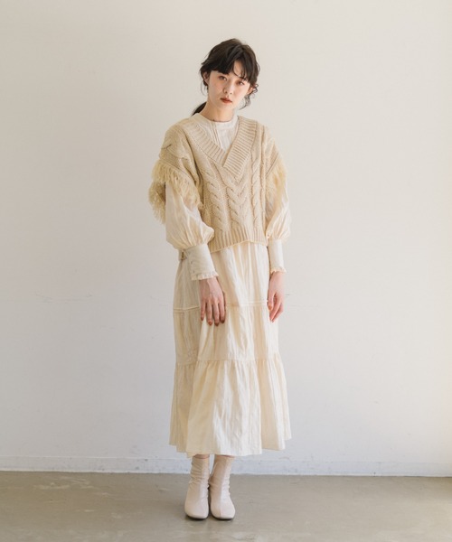 ベスト ジレ JACQUARD FRINGE KNIT VEST レディース MINERTE ベスト ジレ 「MINERTE」fringe design knit vest