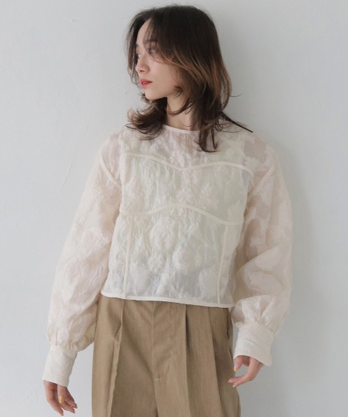 ブラウス シャツ 「CLEIO」シアー花柄ジャガードブラウス／シースルートップス レディース